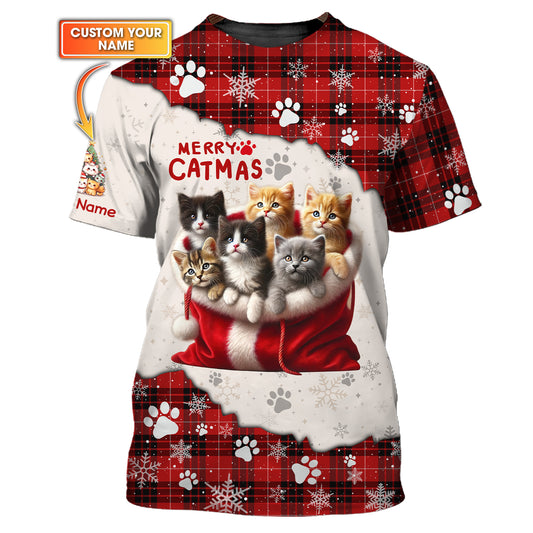 3D Full Print Merry Catmas T-Shirts Personalized Name Gift For Cat Lovers