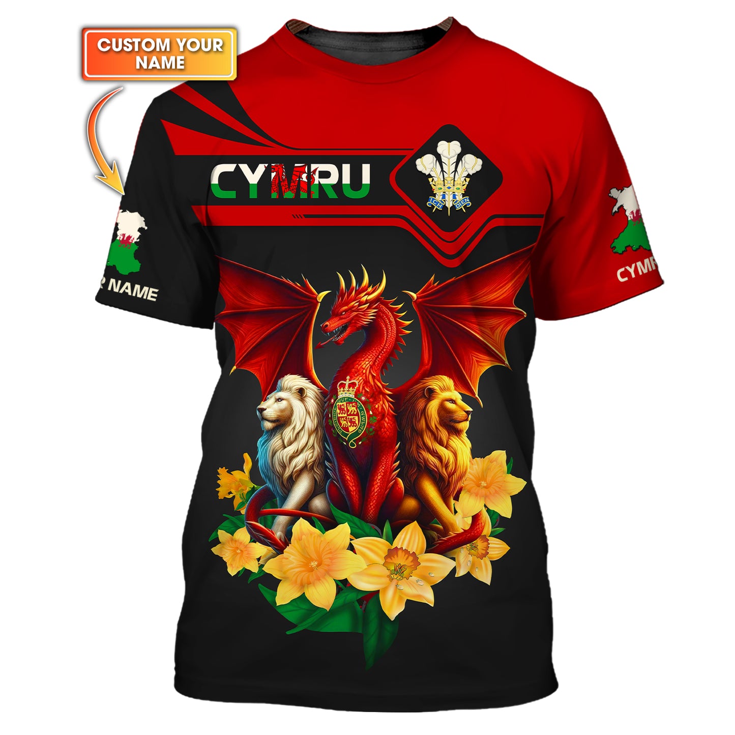 Dragon With Lions Of Wales Custom T-Shirts Wales 3D Full Print Shirt Gift For Welsh Lovers