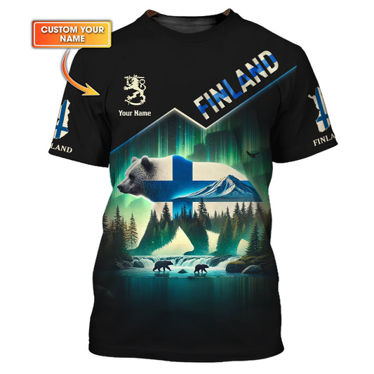 Northern Majesty Custom Finland T-Shirt With Aurora And Wildlife Personalized Name Gift For Finland Lovers