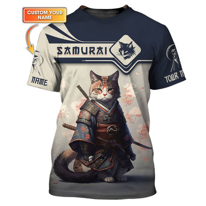 T-shirts personnalisés Cat Samurai Cat Samurai avec fleur de cerisier T-shirt 3D Cadeau pour les amoureux des samouraïs