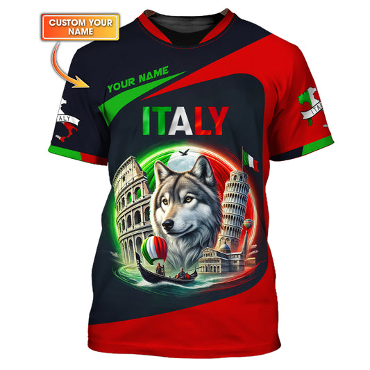 T-shirts personnalisés Italie Le loup et les symboles célèbres de l'Italie T-shirts 3D Cadeau pour les amoureux italiens