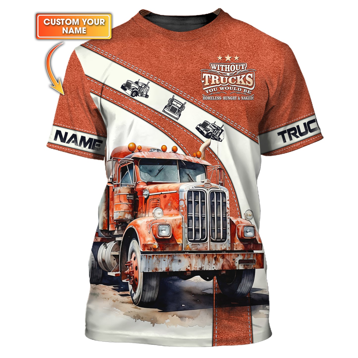 T-shirt personnalisé avec nom de voiture camion blanc et rouge en 3D, cadeau personnalisé pour les amateurs de camionneurs