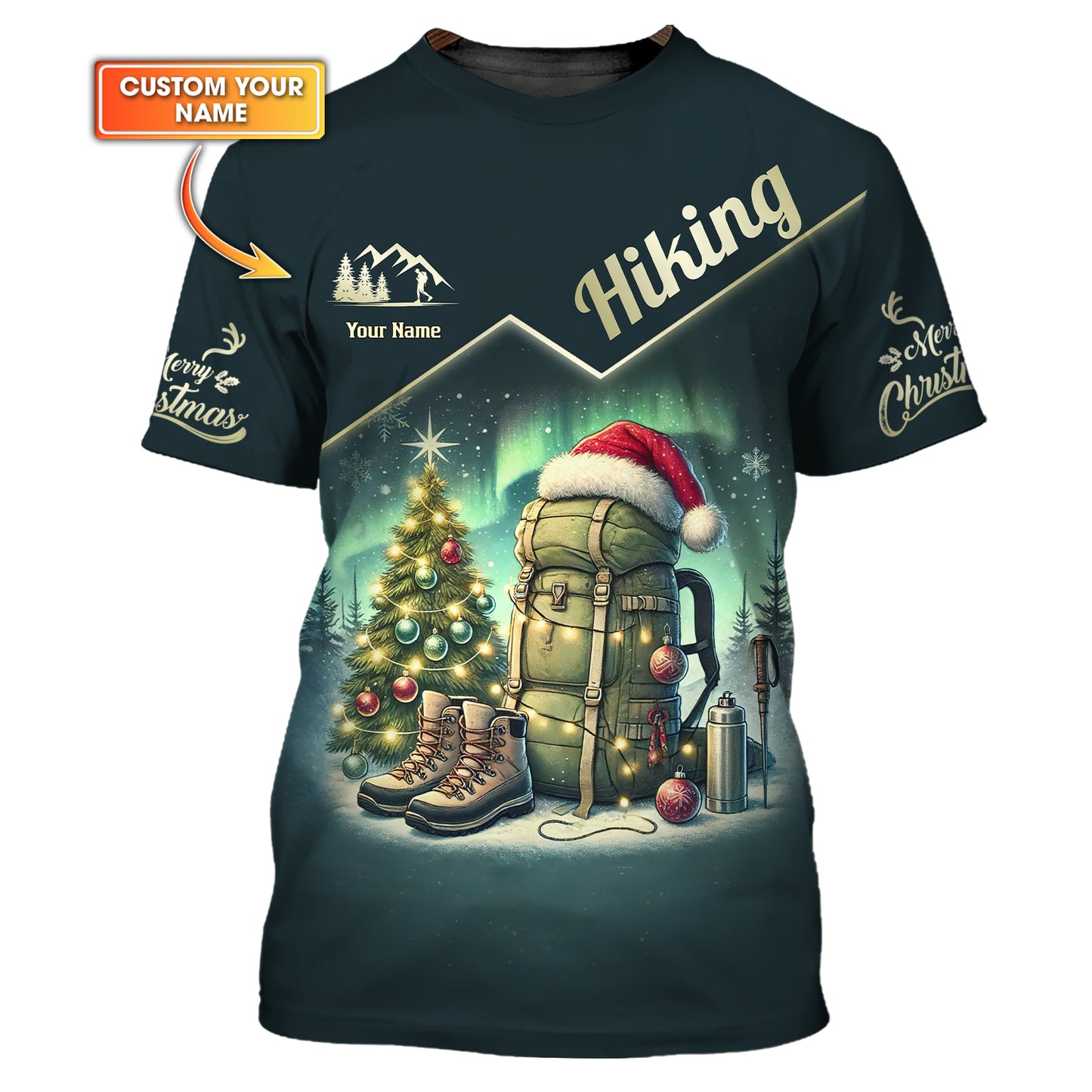 Merry Christmas Custom Name 3D T-Shirts Personalized Hiking Tools Shirt Gift For Hiking Lover