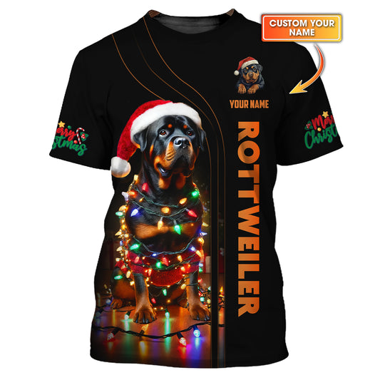 Mery Christmas Custom Name 3D T-Shirts Rottweiler With Christmas Lights Shirt