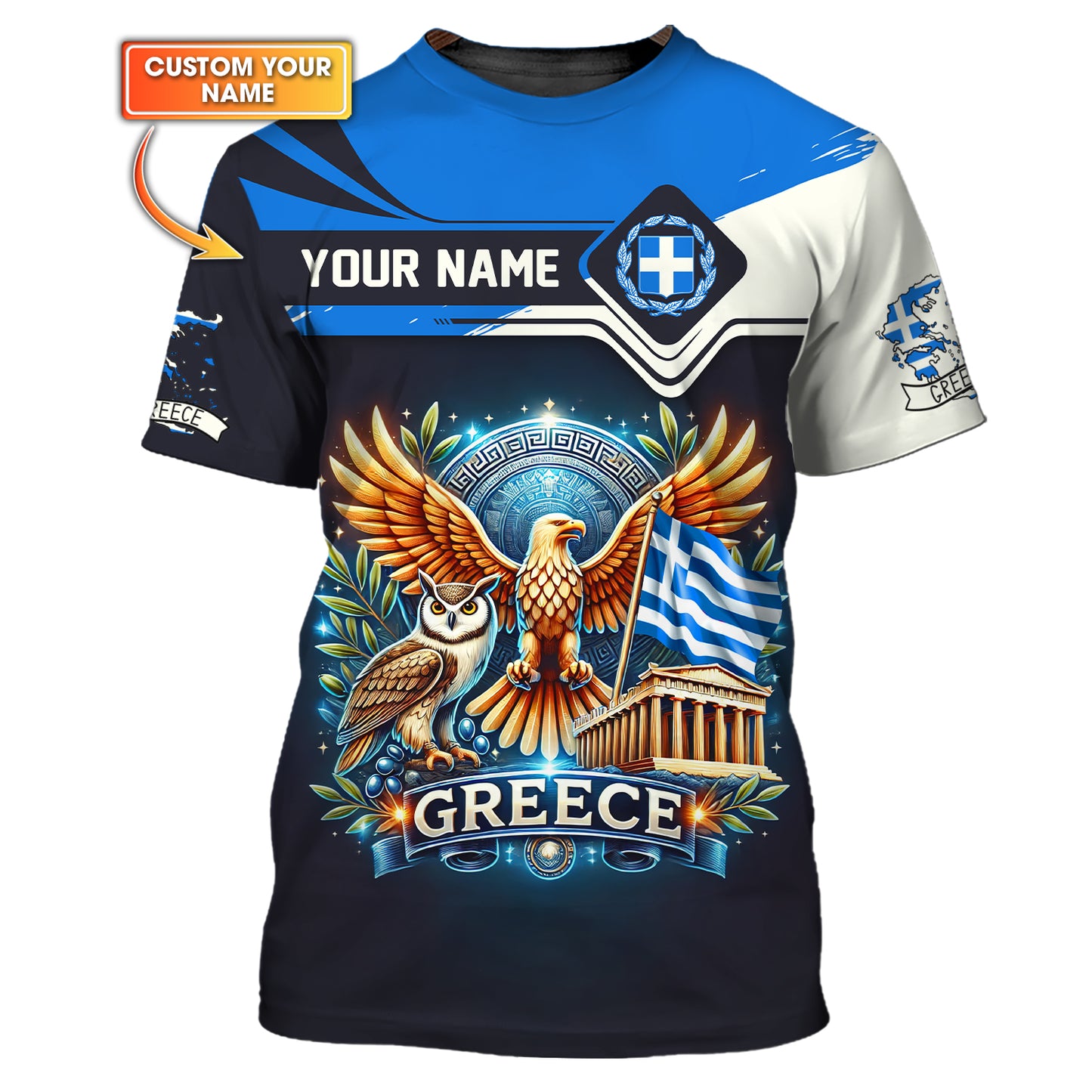 T-shirt imprimé en 3D complet Héraclès avec drapeau de la Grèce Nom personnalisé Gif pour les amoureux grecs