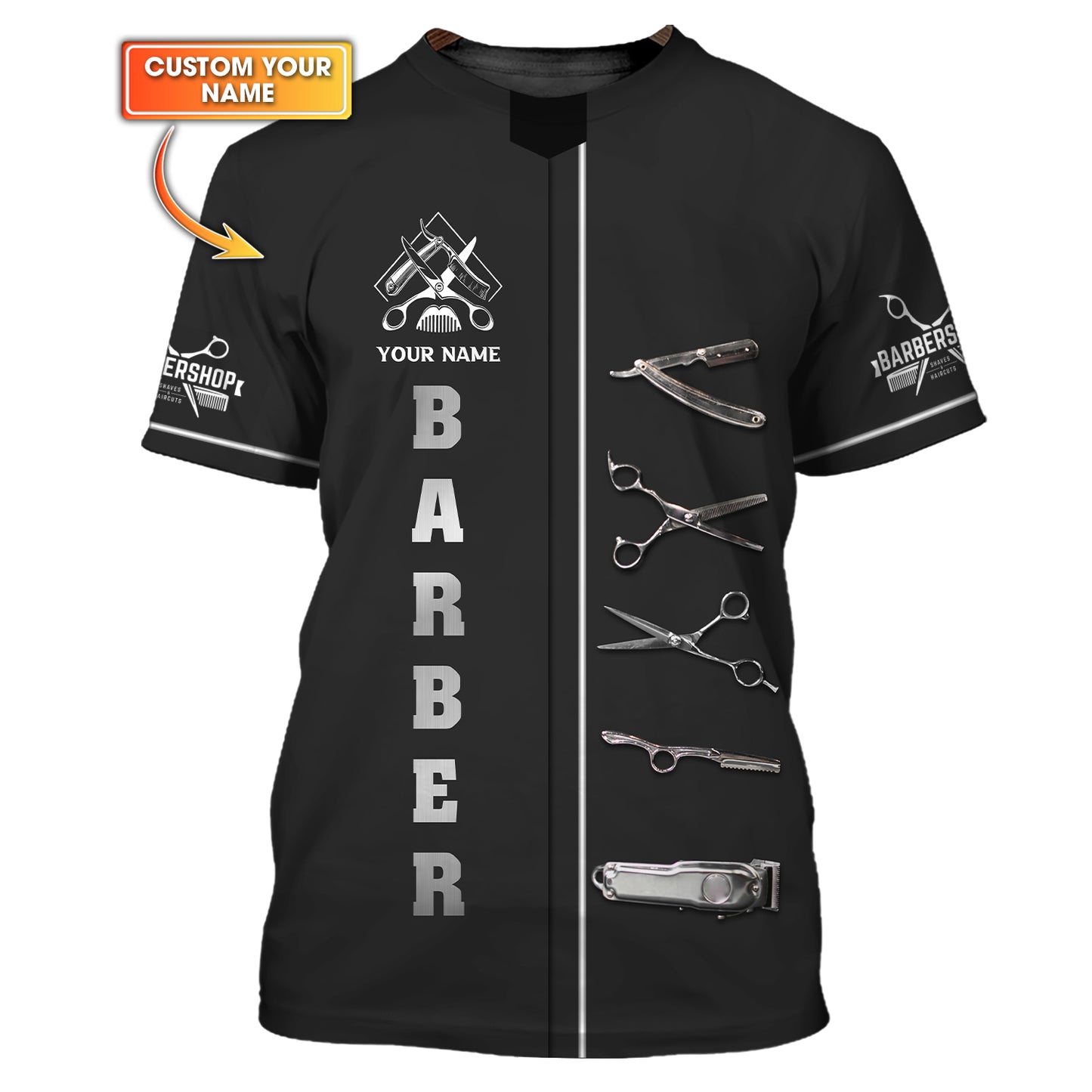 Camiseta con herramientas de barbero con impresión 3D completa, regalo personalizado con nombre para amantes de la peluquería