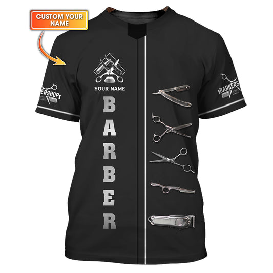 Camiseta con herramientas de barbero con impresión 3D completa, regalo personalizado con nombre para amantes de la peluquería