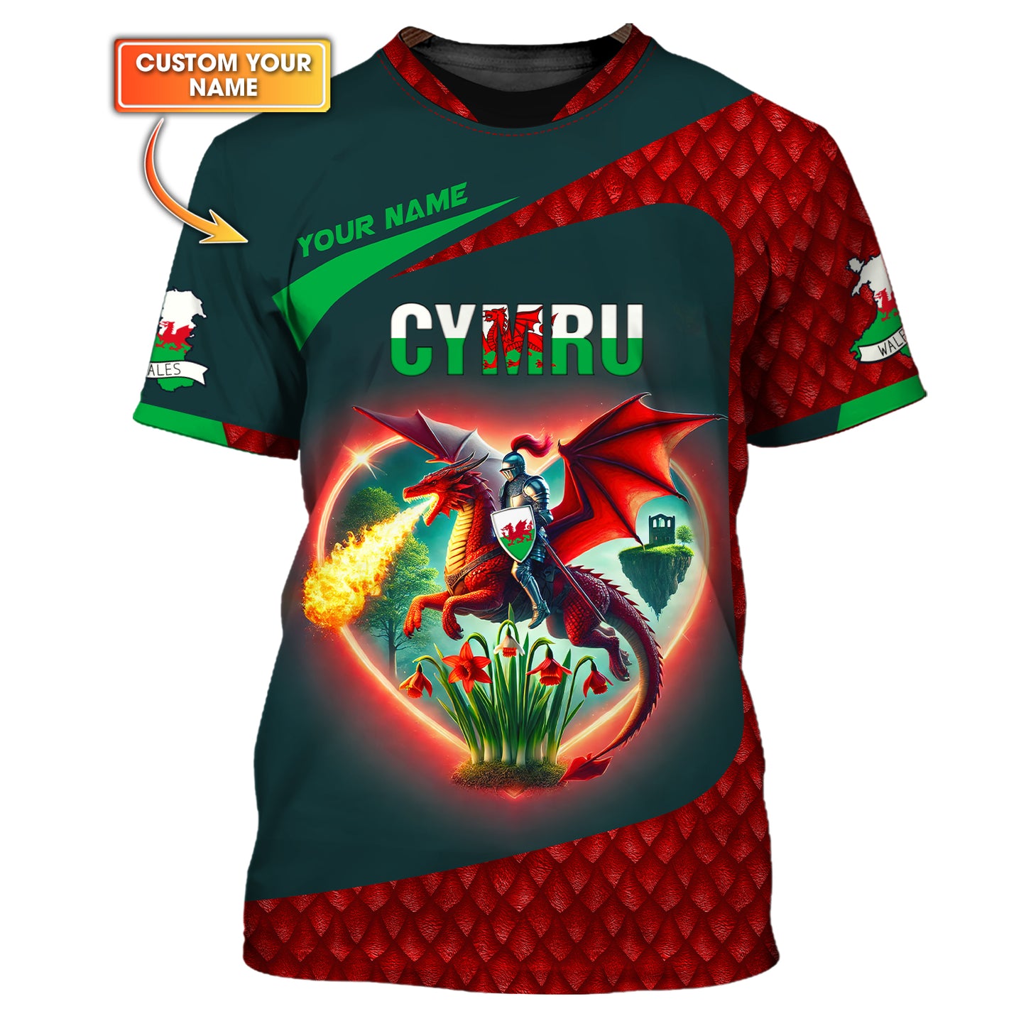 Cymru Pride Custom 3D Shirt  Fiery Welsh Dragon and Knight Personalized Name Gif For Welsh Lovers