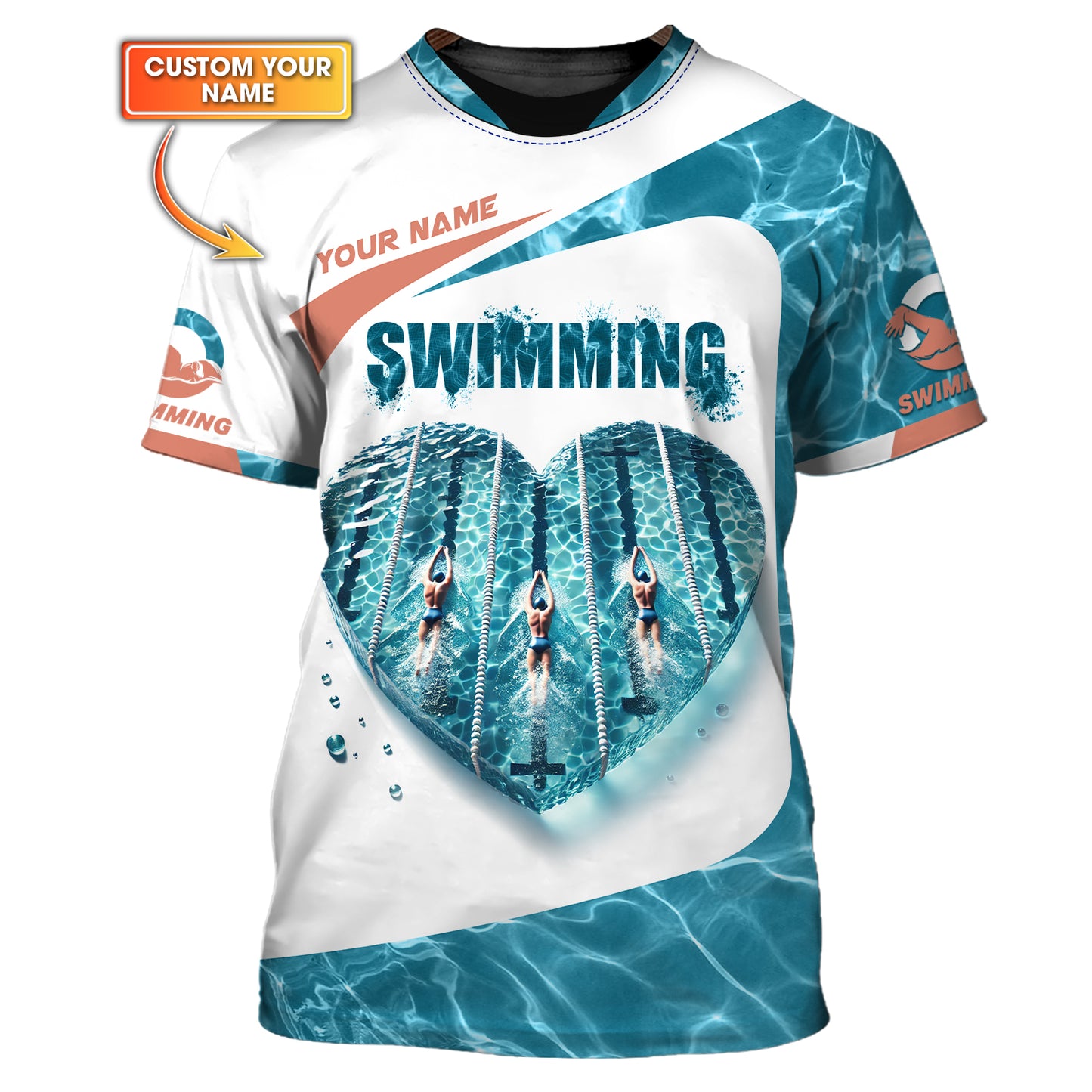 3D Full Print Swimming Heart T-Shirts Personalized Name Gift For Swimming Lovers