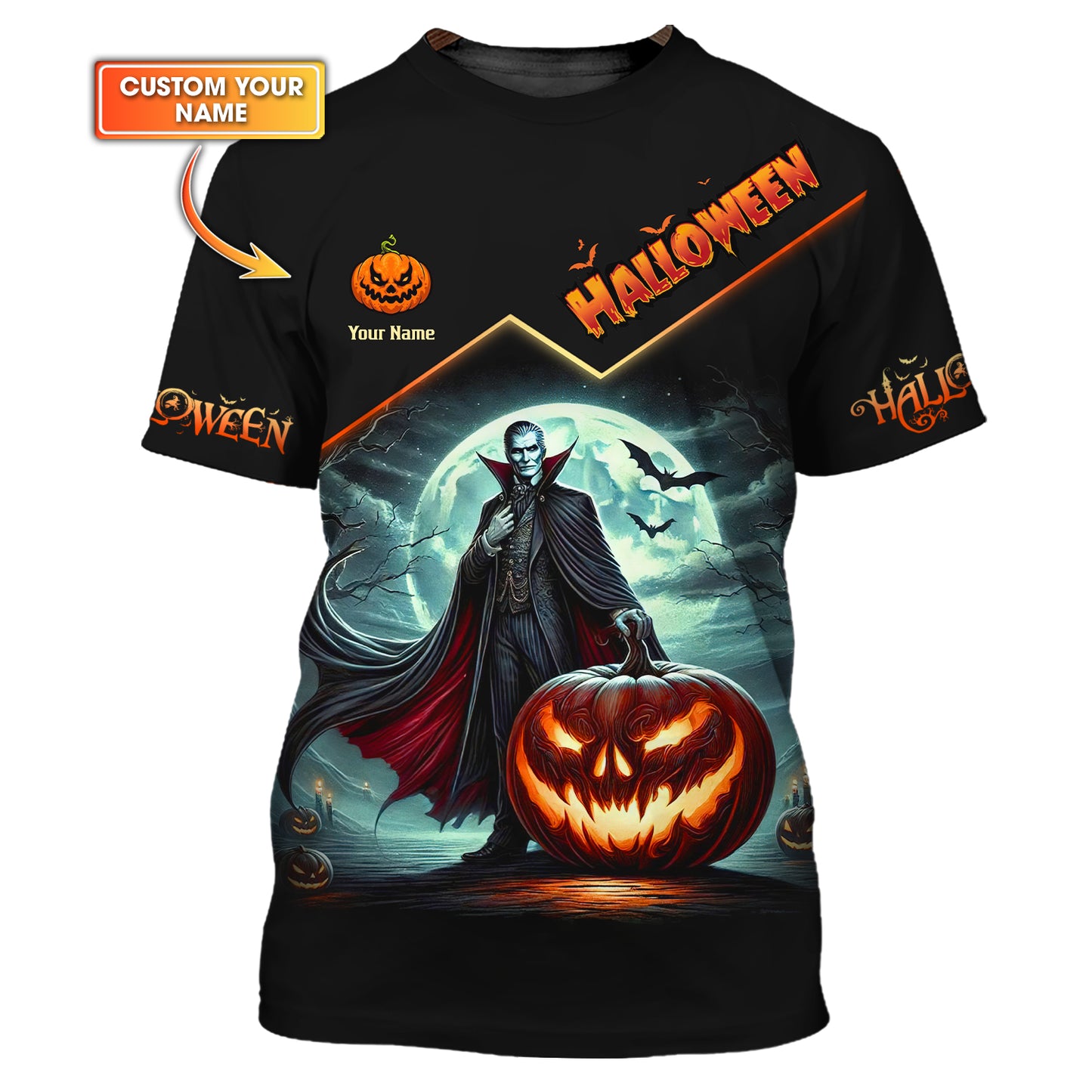 Camisetas con estampado 3D completo de Drácula con calabaza, regalo con nombre personalizado para amantes de Halloween