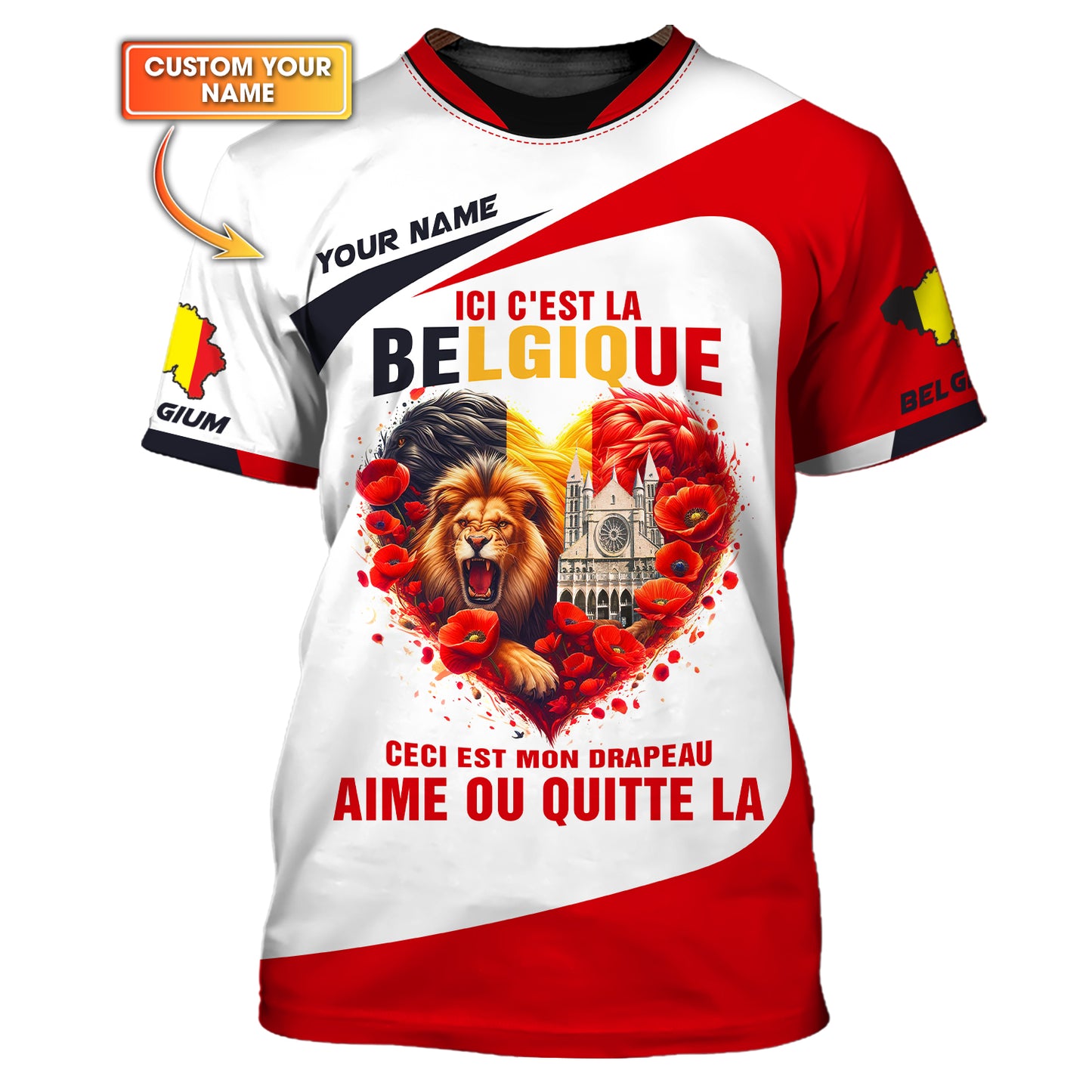 Camisetas con corazón de Bélgica con impresión 3D personalizada, regalo con nombre para amantes belgas