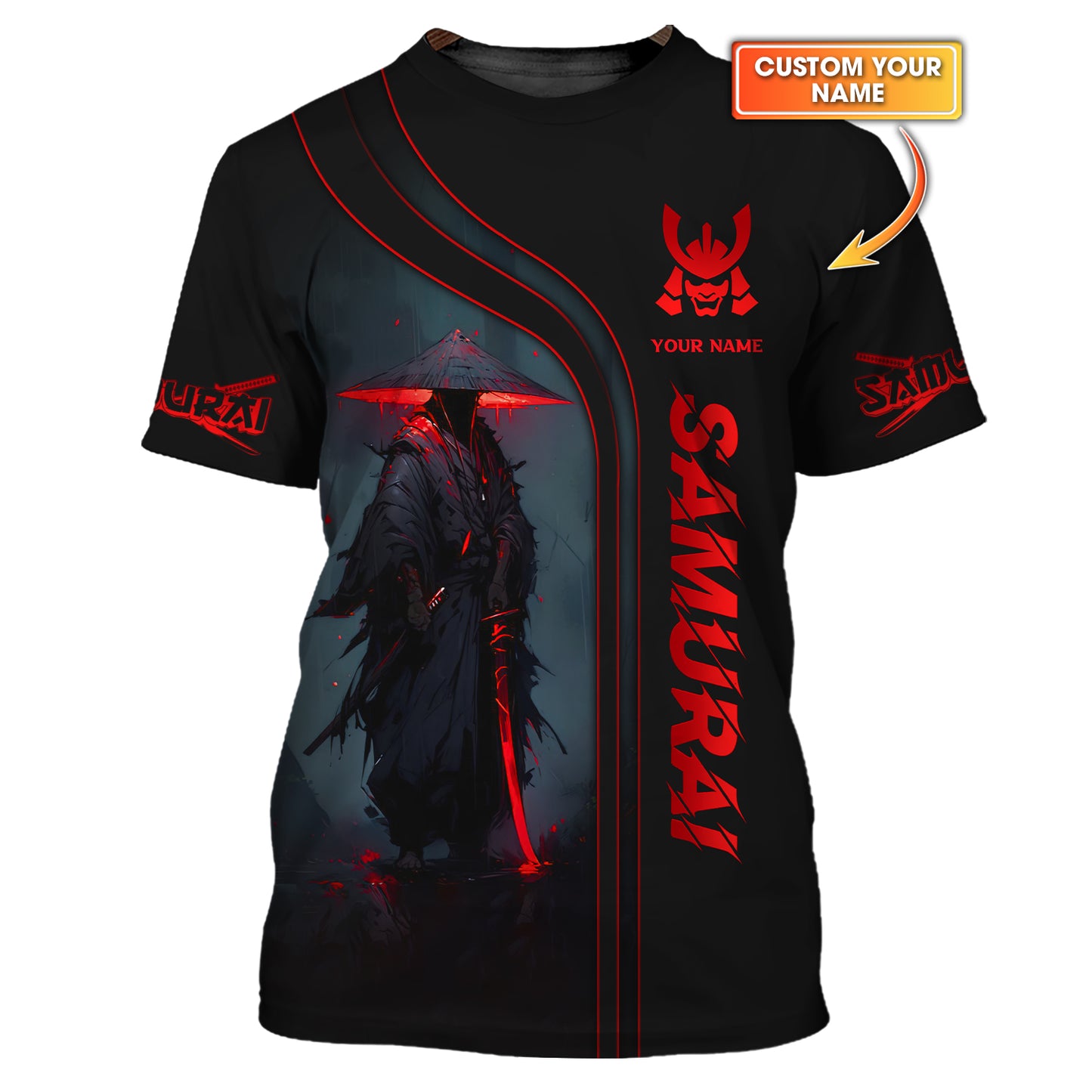 Black & Red Light Samurai Personalized Name 3D Shirt Custom Gift For Samurai Lovers