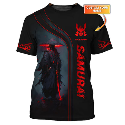 Camiseta personalizada con nombre en 3D de samurái con luz negra y roja, regalo personalizado para amantes de los samuráis