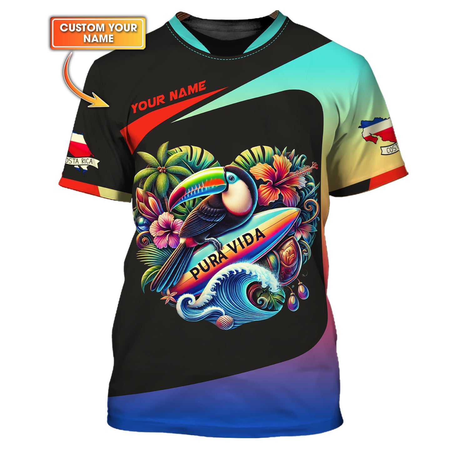 3D Full Print Pura Vida Customizable Tropical Paradise T-Shirt Personalized Name Gift For Costa Rica Lovers