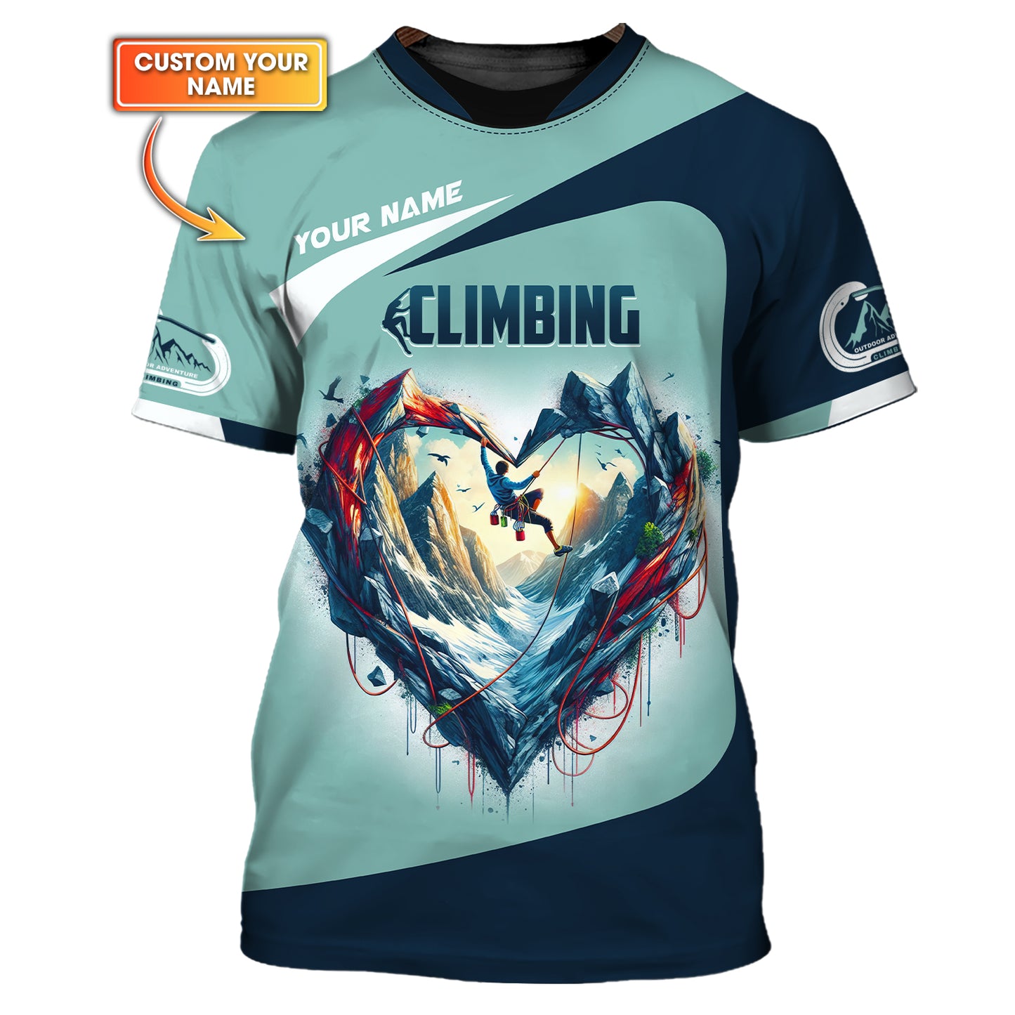 Camiseta personalizada con nombre en 3D y corazón de escalada, regalo personalizado para amantes de la escalada