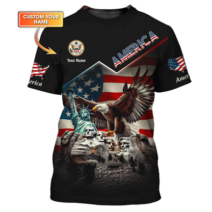 3D Full Print Customizable American Pride T-shirt with Bald Eagle, Mount Rushmore, and Flag Personalized Name Gift For American Lovers