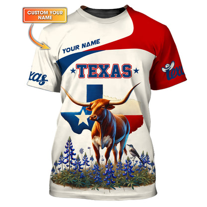 Camiseta personalizada con nombre en 3D de Texas Longhorn y Mockingbird con mapa de Texas, regalo personalizado para amantes de Texas