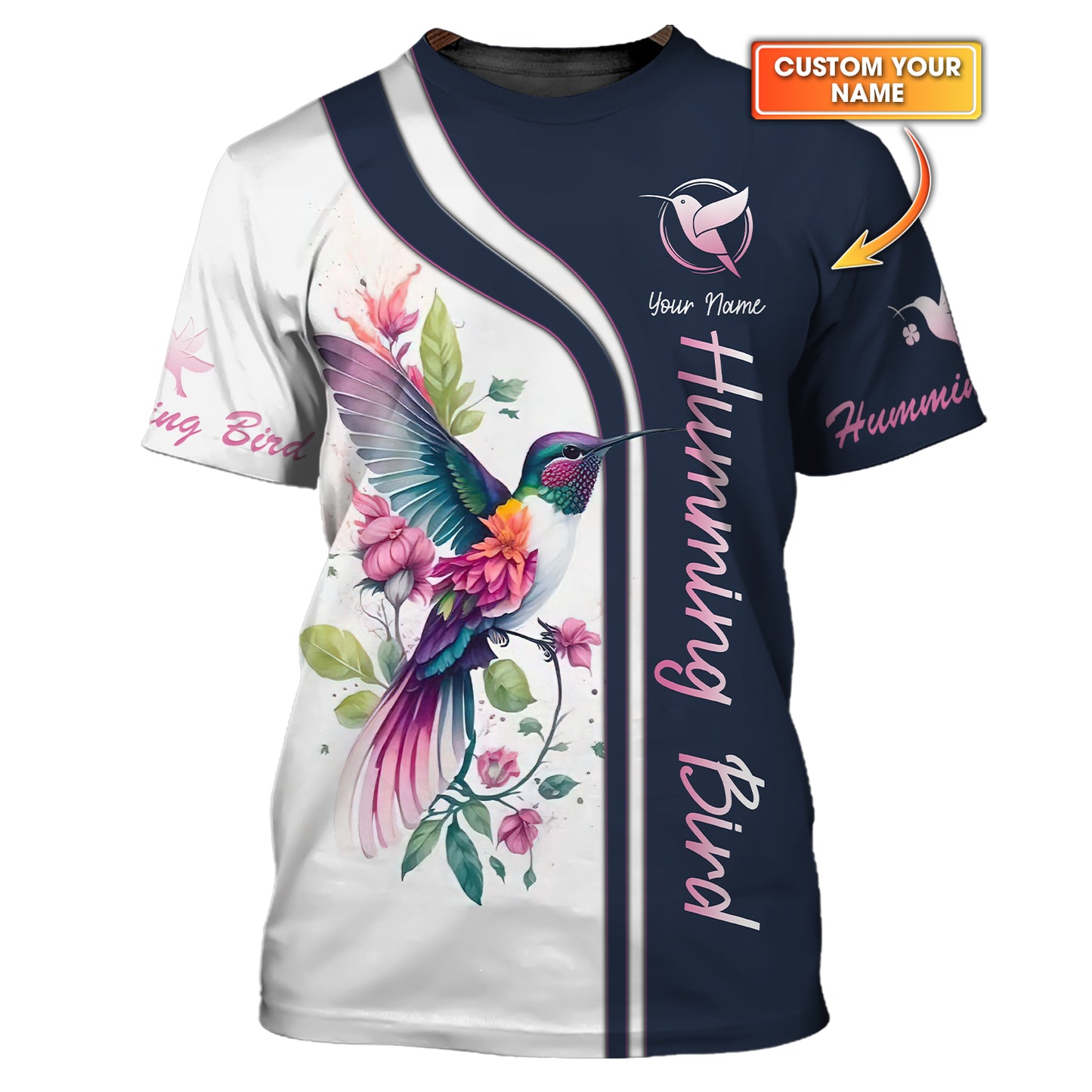 T-shirts 3D Full Print Hummingbird avec fleurs Cadeau personnalisé avec nom pour les amoureux des colibris