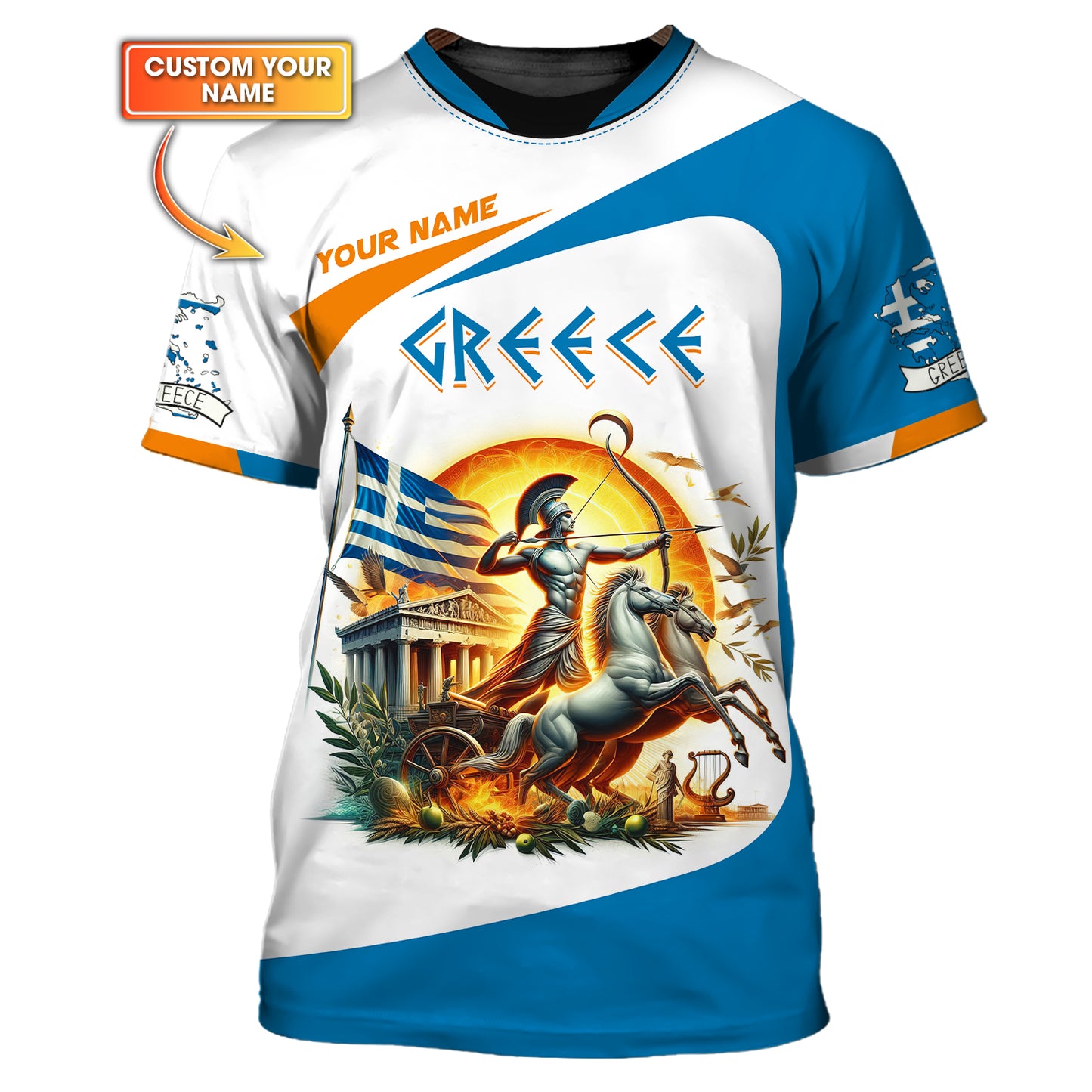 Camisetas con estampado 3D completo de Apolo con carro de Grecia, regalo personalizado con nombre para amantes griegos