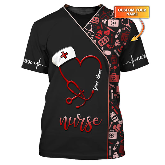 3D Full Print Stethoscope Heart T-Shirts Personalized Name Gift For Nurse Lovers