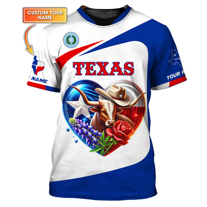 3D Full Print Texas Heart 3D T-Shirts Personalized Name Gift For Texas Lovers