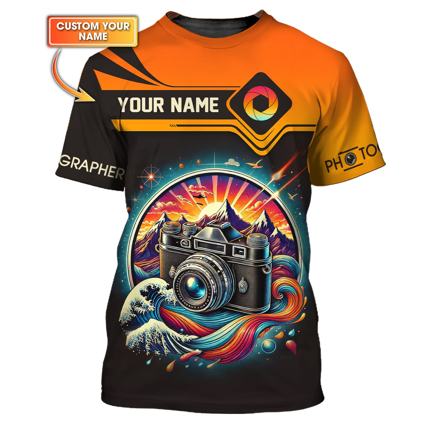 Camiseta personalizada con nombre y cámara con paisaje colorido, regalo de fotografía en 3D para amantes de la fotografía