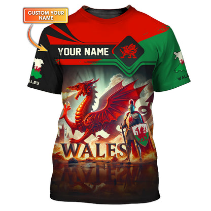 T-shirt 3D imprimé entièrement avec les guerriers et les dragons gallois. Nom personnalisé Gif pour les amoureux du Pays de Galles