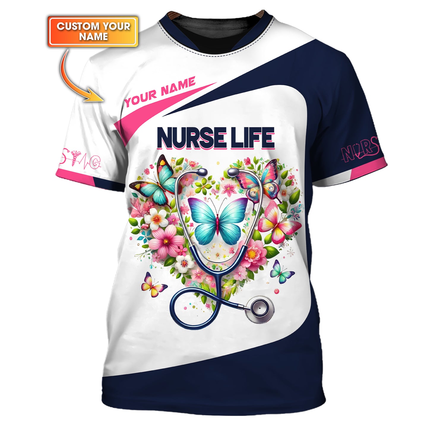 T-shirts stéthoscope à impression complète en 3D avec cœur en fleur, cadeau personnalisé pour les amoureux des infirmières