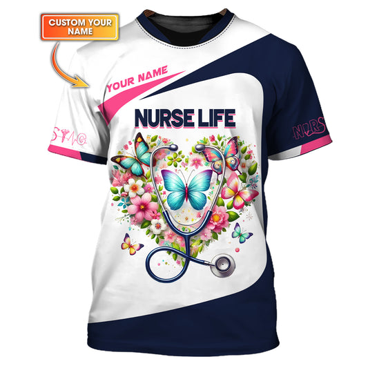 3D Full Print Stethoscope With Flower Heart T-Shirts Personalized Name Gift For Nurse Lovers