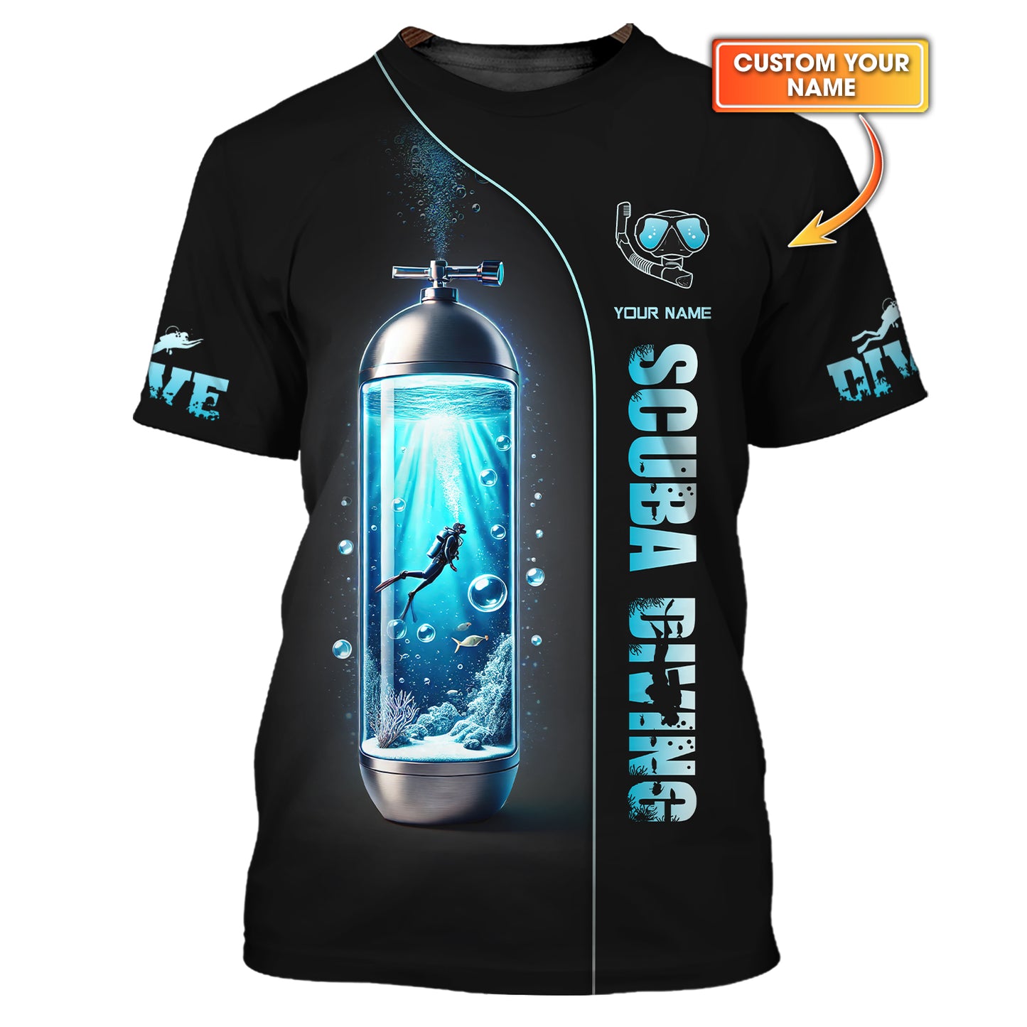 Camiseta personalizada con nombre de buceo en 3D Born To Dive, regalo personalizado para amantes del buceo