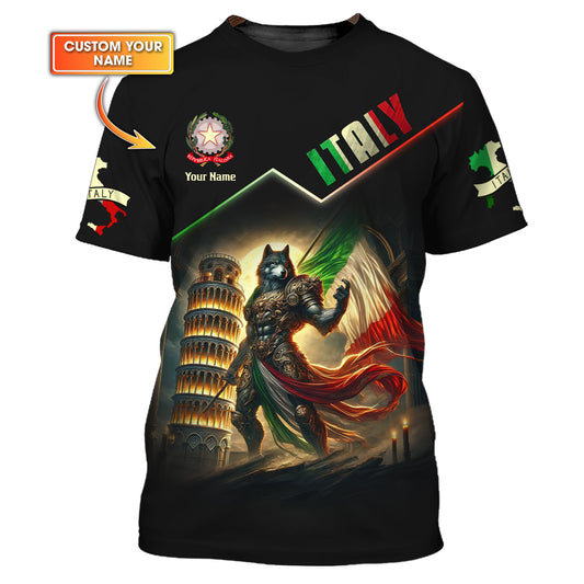 Guardians Of Italy Custom T-Shirt With Wolf Warrior And Italian Pride Personalized Name Gift For Italian Lovers