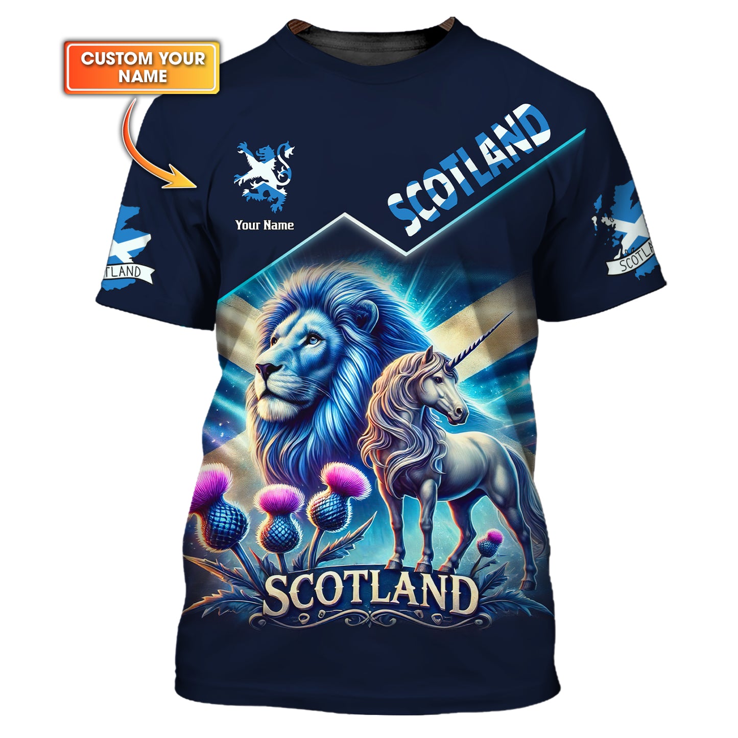 Le Lion Avec La Licorne D'Écosse Nom Personnalisé T-shirt 3D Cadeau Personnalisé Pour Les Amateurs De Scotistes