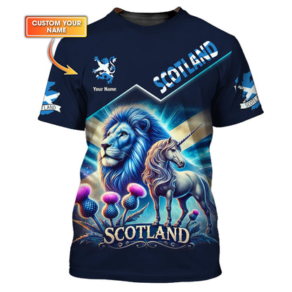 Camiseta personalizada con nombre en 3D de El león con unicornio de Escocia, regalo personalizado para amantes de Escocia