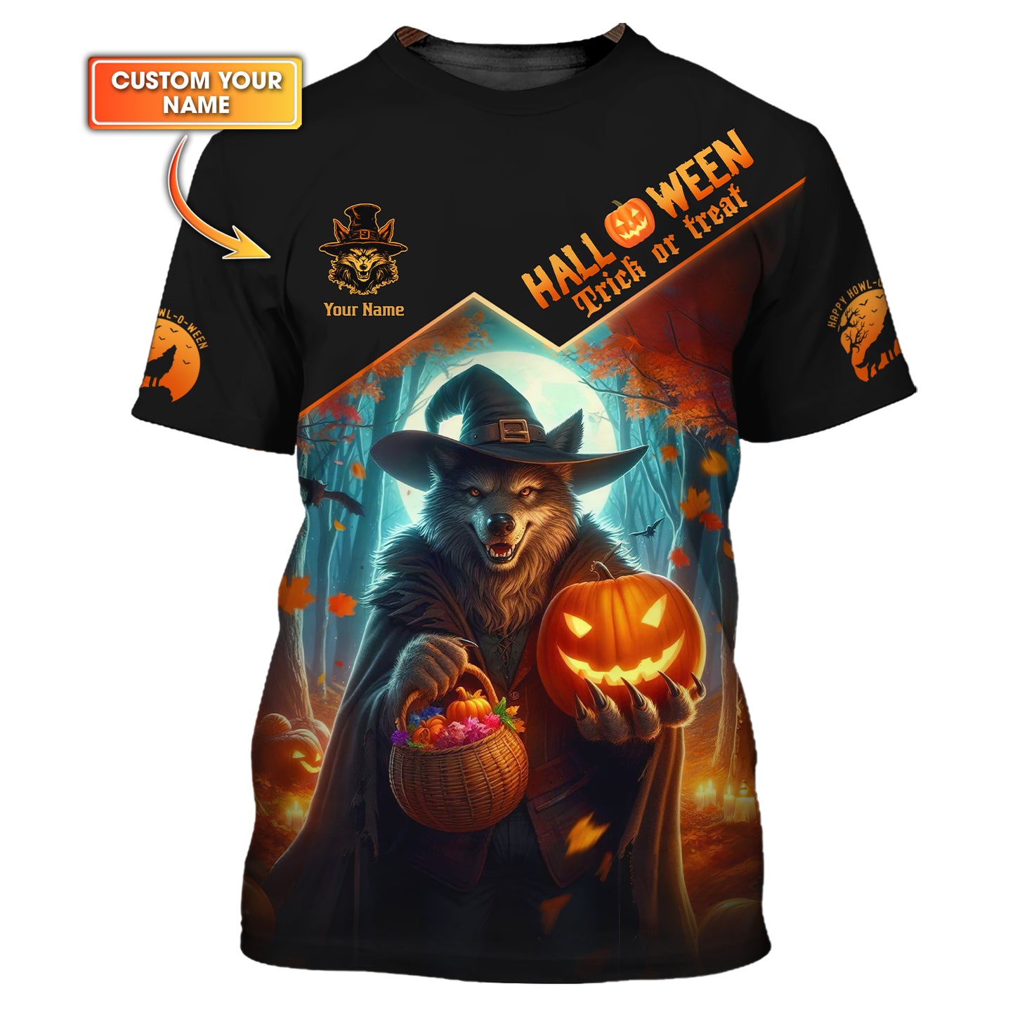 Camisetas personalizadas de Halloween Camiseta 3D de lobo y bruja Regalo para amantes de Halloween