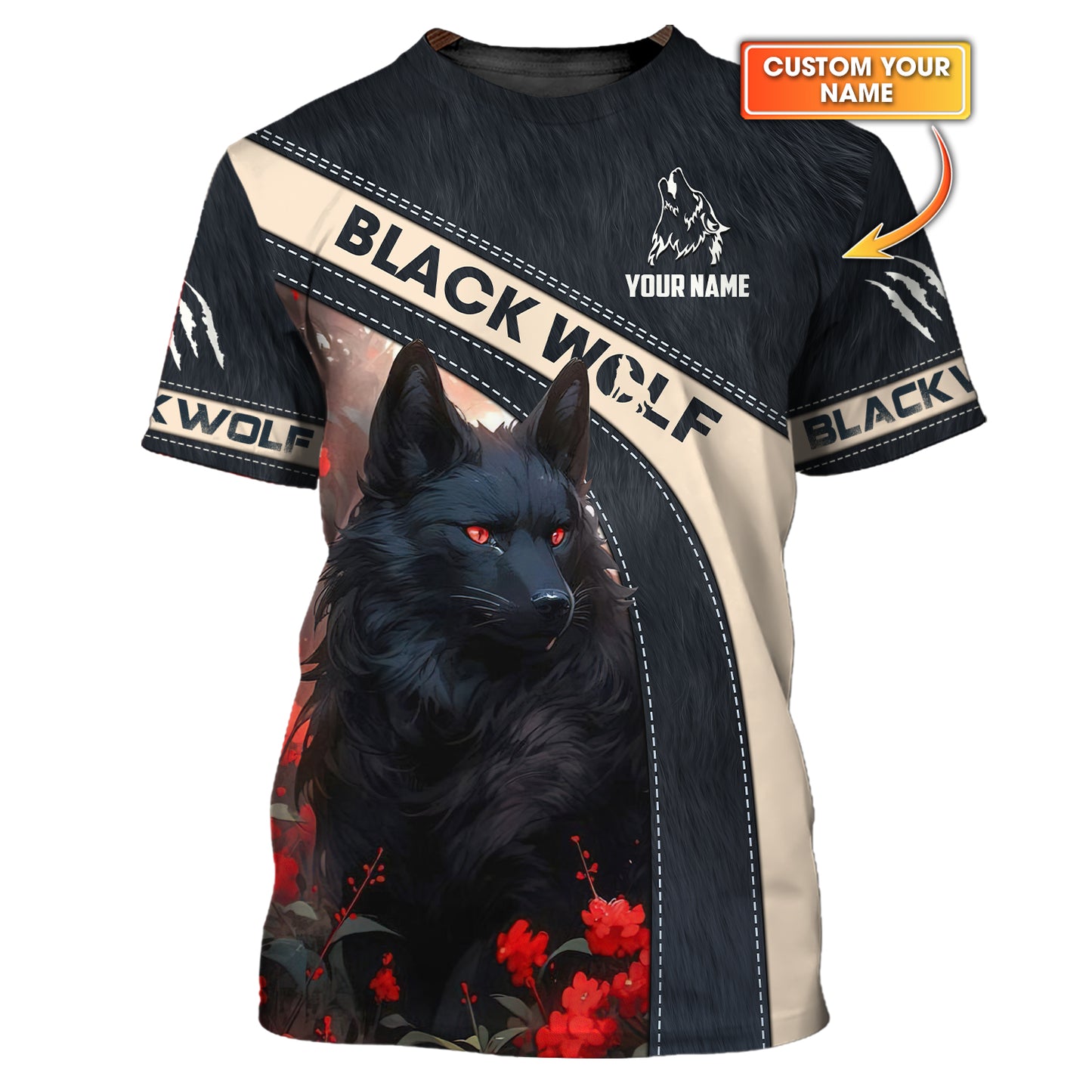 Camiseta personalizada en 3D con diseño de lobo negro y flores rojas, regalo para amantes de los lobos