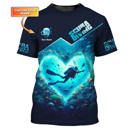 Camiseta personalizada con nombre en 3D y corazón de buceo, regalo personalizado para amantes del buceo