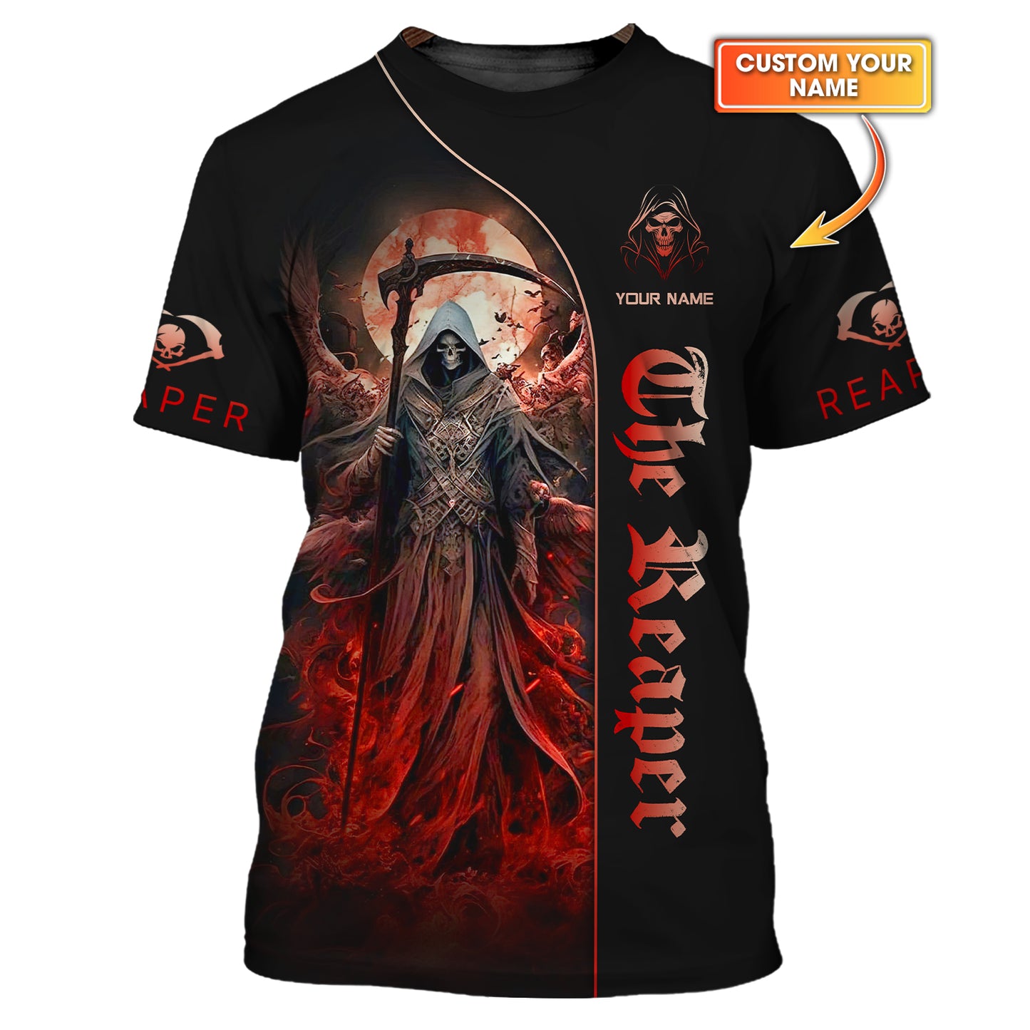 Camisetas con estampado 3D completo de El Segador con Luna Roja, regalo personalizado con nombre para amantes de las calaveras