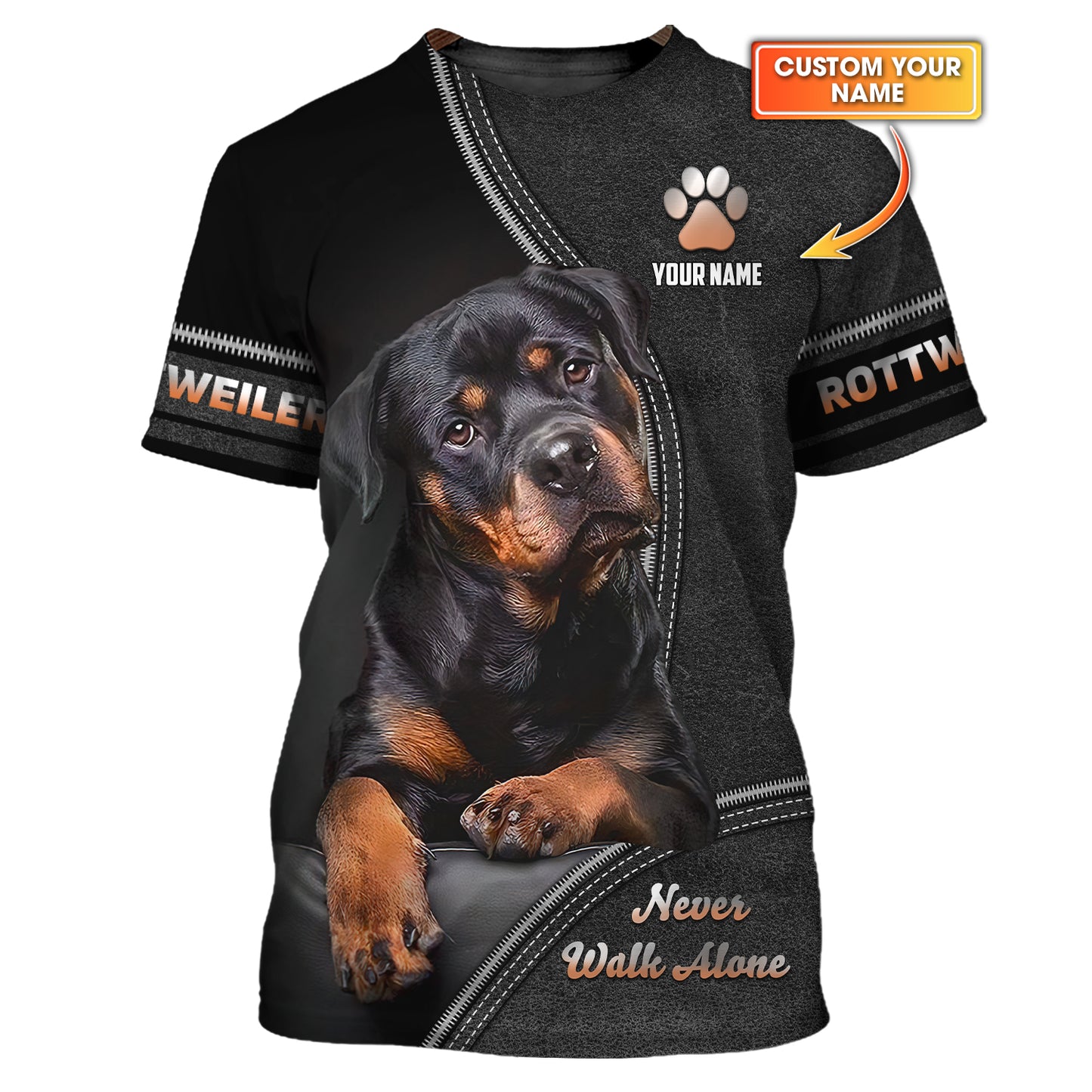 T-shirt personnalisé avec nom Rottweiler, cadeau Never Walk Alone pour les amoureux des chiens, chemises 3D