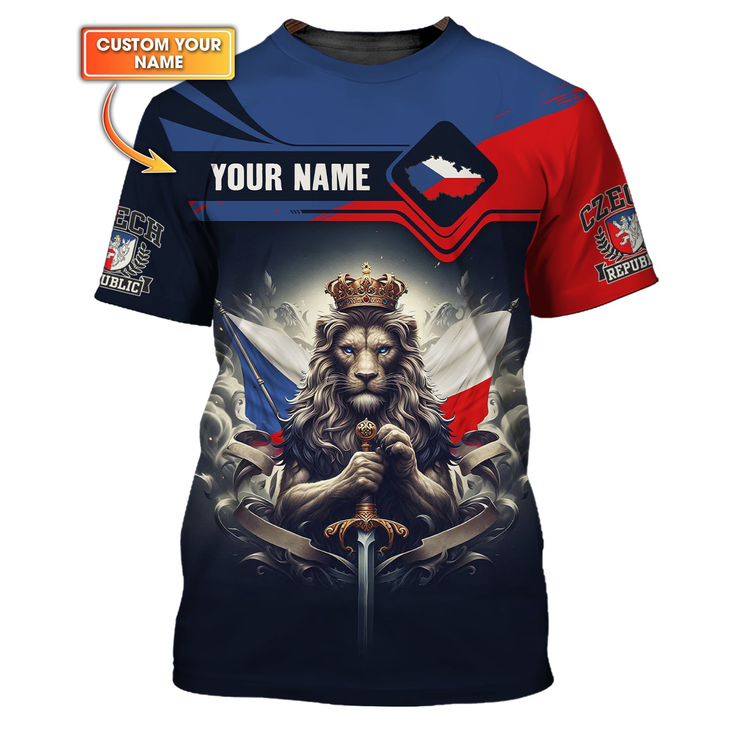 T-shirt personnalisé avec nom en 3D Le Roi Lion de la République tchèque, cadeau personnalisé pour les amoureux de la République tchèque