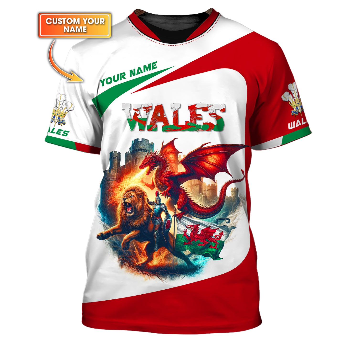 Camisetas personalizadas Flame Of Wales Camiseta con estampado completo en 3D de Gales Regalo para amantes de Gales