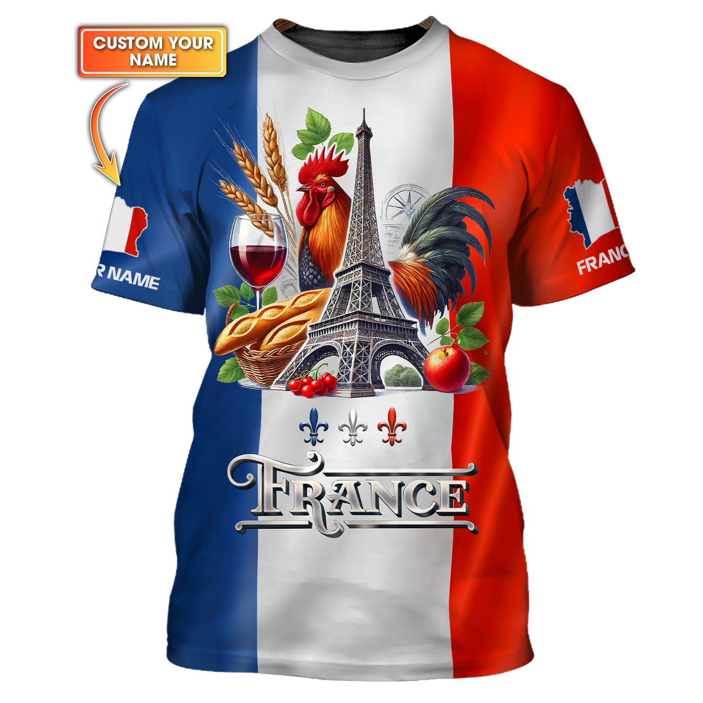 Camiseta con estampado 3D completo de gallo Goliat y Torre Eiffel de Francia, regalo con nombre personalizado para amantes de Francia