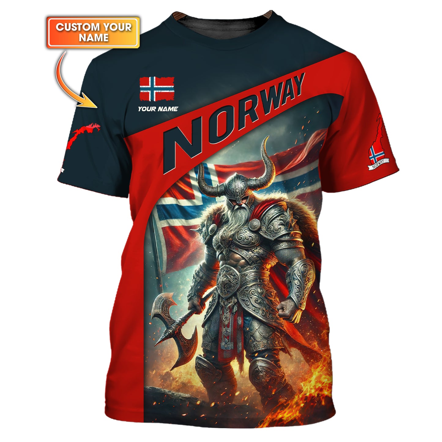 Camiseta con estampado 3D de valiente guerrero vikingo con bandera noruega, regalo personalizado con nombre para amantes noruegos