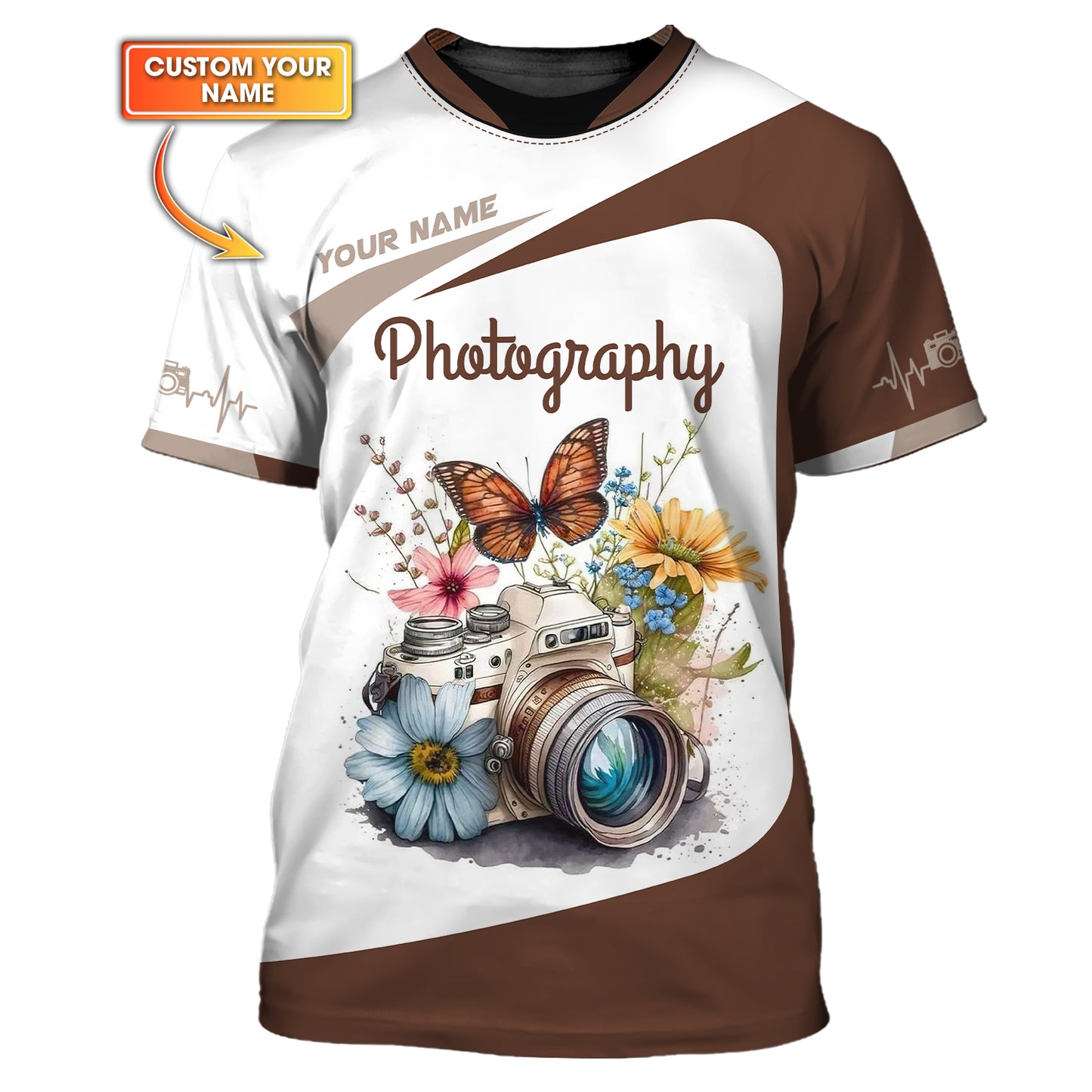 Camiseta con impresión 3D completa de cámara y mariposas, regalo personalizado con nombre para amantes de la fotografía