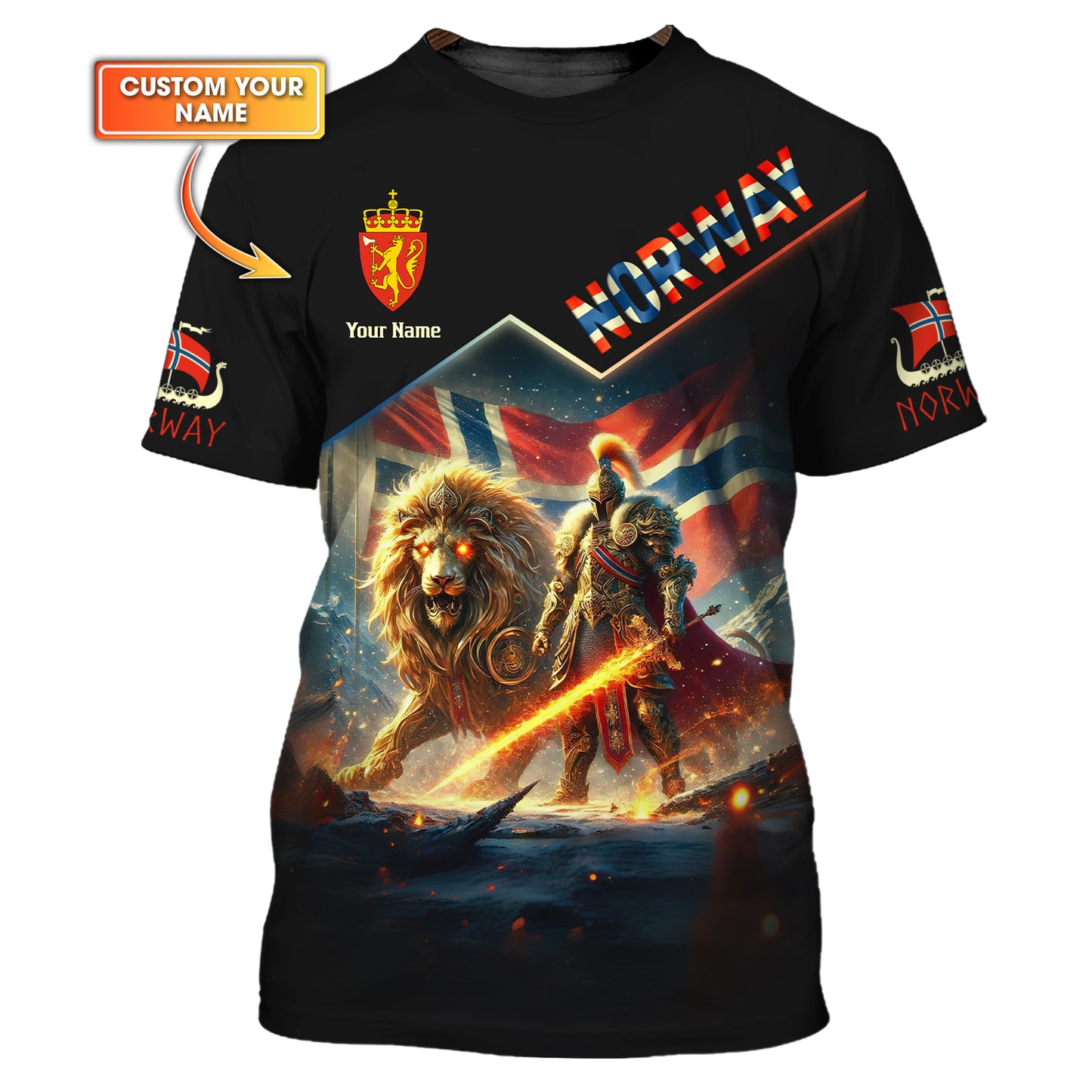 Lion Of Norway Custom T-Shirt With Viking Warrior And Majestic Personalized Name Gift For Norwegian Lovers