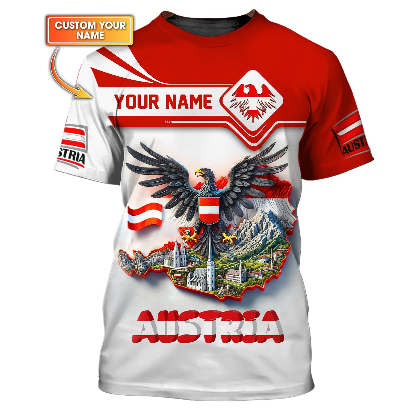 3D Full Print Eagle With Map Of Austria T-Shirts Personalized Name Gift For Austrian Lovers