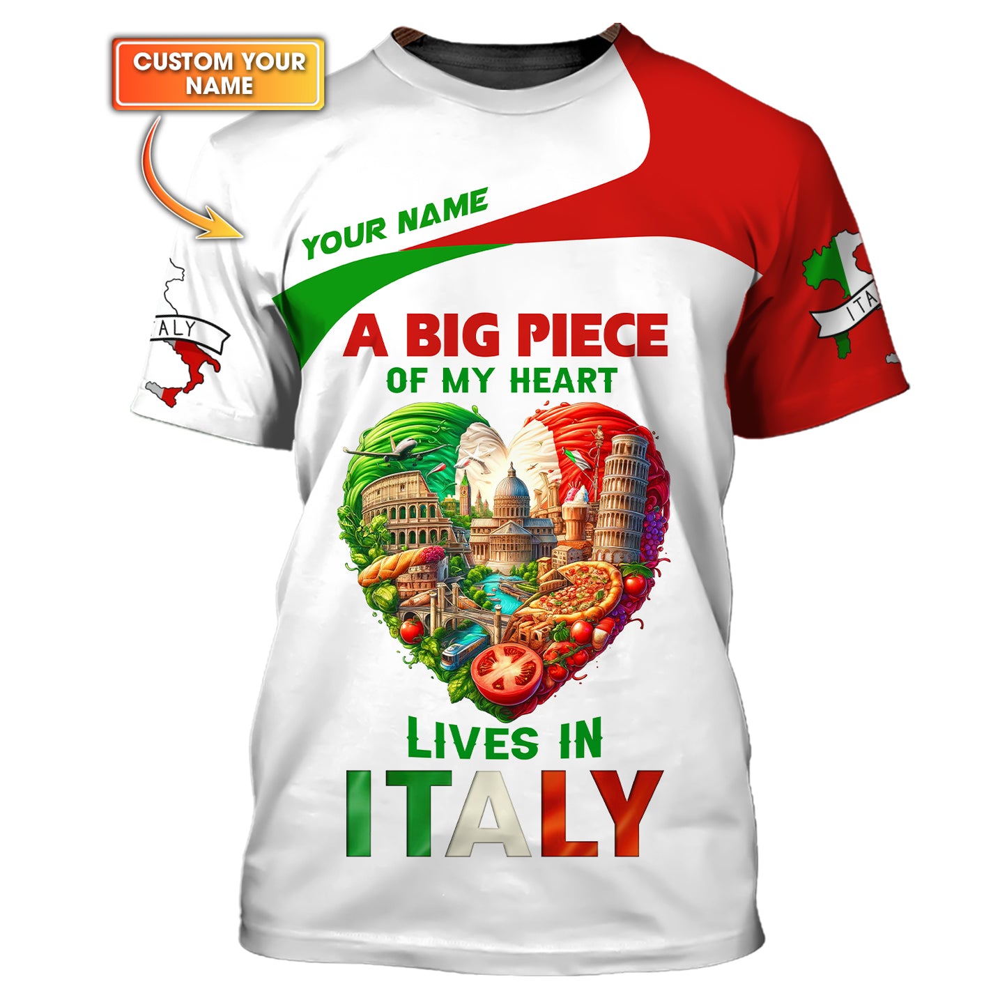 3D Full Print Italy Heart  Shirt Personalized Name Gift For Italian Lovers