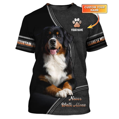 Camiseta con nombre personalizado de montaña bernesa, regalo Never Walk Alone para amantes de los perros, camisetas 3D