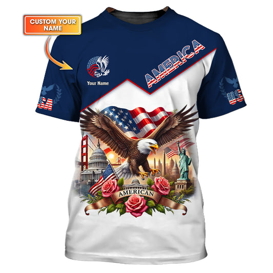 Camiseta unisex americana con nombre personalizado, camiseta con águila americana y rosa, camiseta para amantes de Estados Unidos