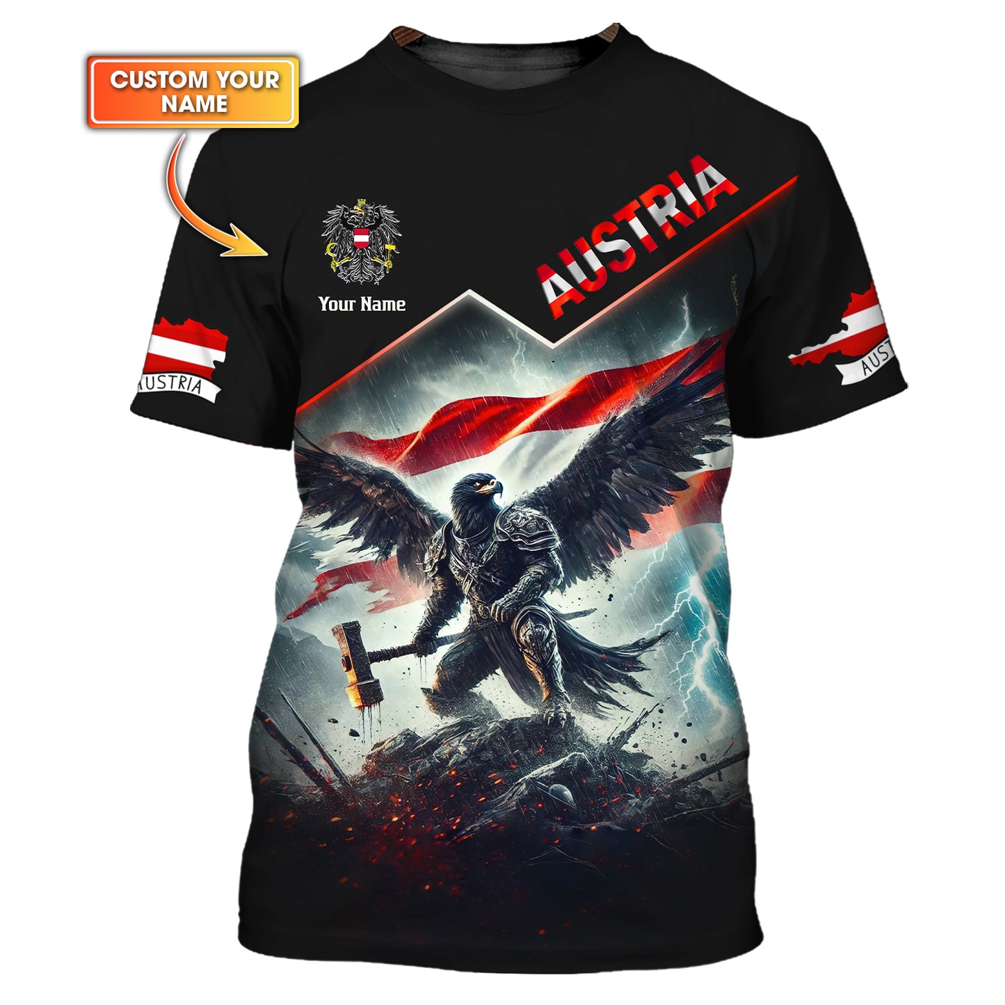 3D Full Print Austrian Black Eagle Warrior T-Shirts Personalized Name Gift For Austria Lovers