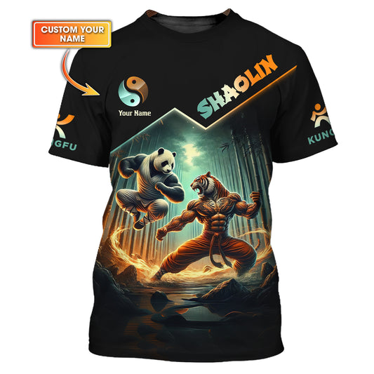 3D Full Print Shaolin Martial Arts T-Shirt Panda Vs Tiger Battle Personalized Name Gift For Shaolin Kungfu Lovers